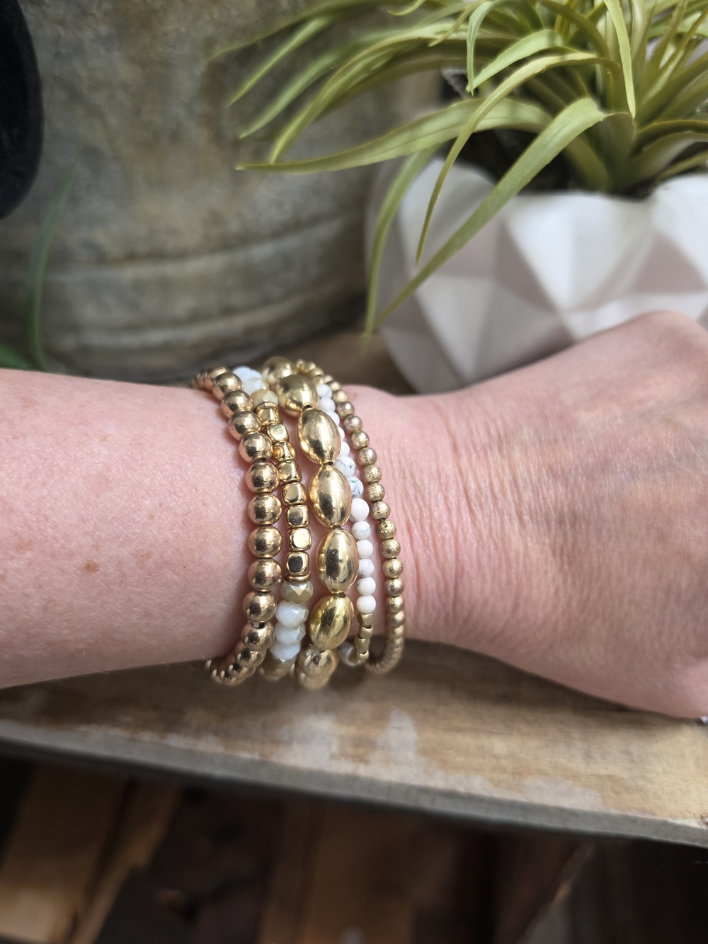 Gold Tone White Beaded Stretch Bracelet Set Layered Stack Boho Bracelet Bundle